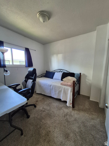 327 North 300 West Logan, UT 84321 - Photo 4 of 12 Bedroom featuring carpet flooring, a textured ceiling, and a desk