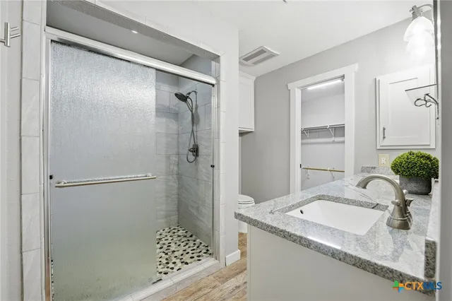 a bathroom with a granite countertop shower sink and mirror
