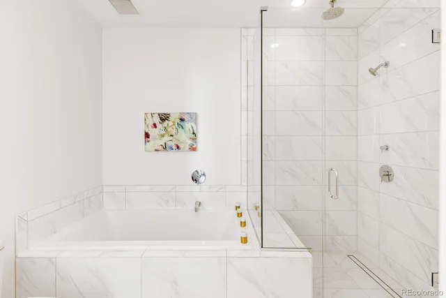 a bathroom with a bathtub and a shower