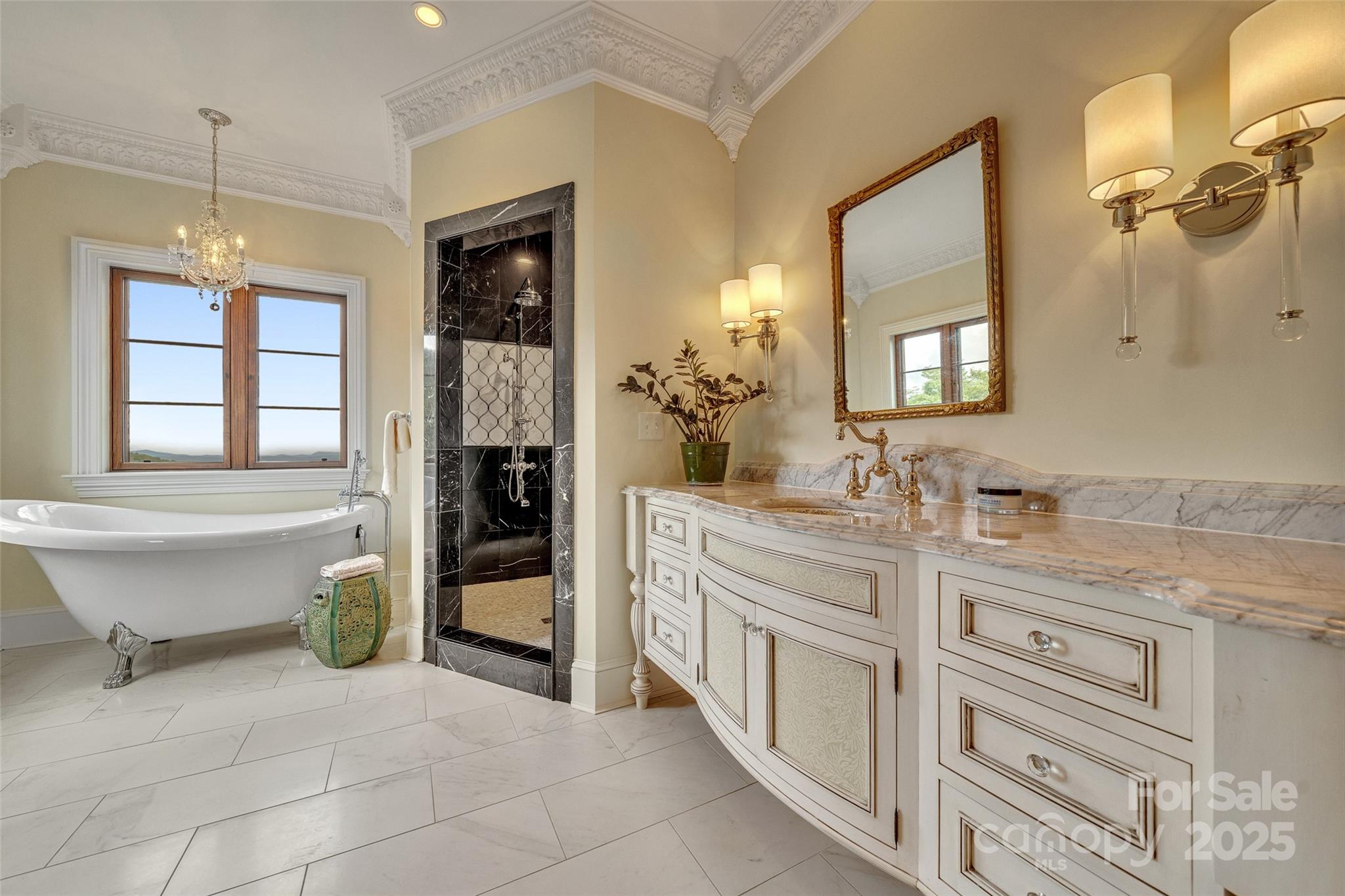 278 North Snow Ridge Drive Fairview, NC 28730 - Photo 28 of 48 a bathroom with a granite countertop sink mirror and bathtub