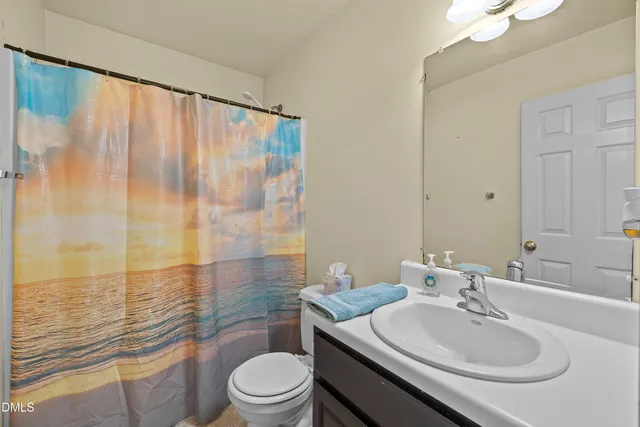 a bathroom with a sink a toilet and shower curtain