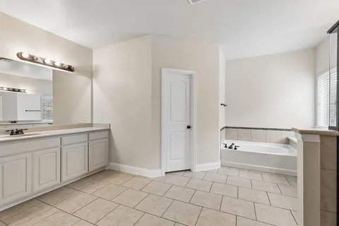 a bathroom with a double vanity sink a mirror and a bathtub