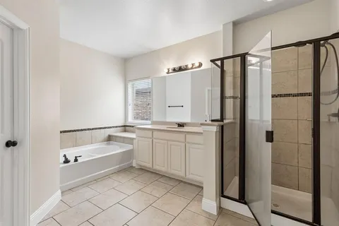 a bathroom with a tub sink shower and mirror