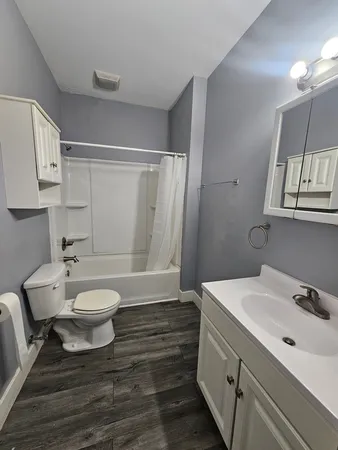 a bathroom with a sink a toilet and shower