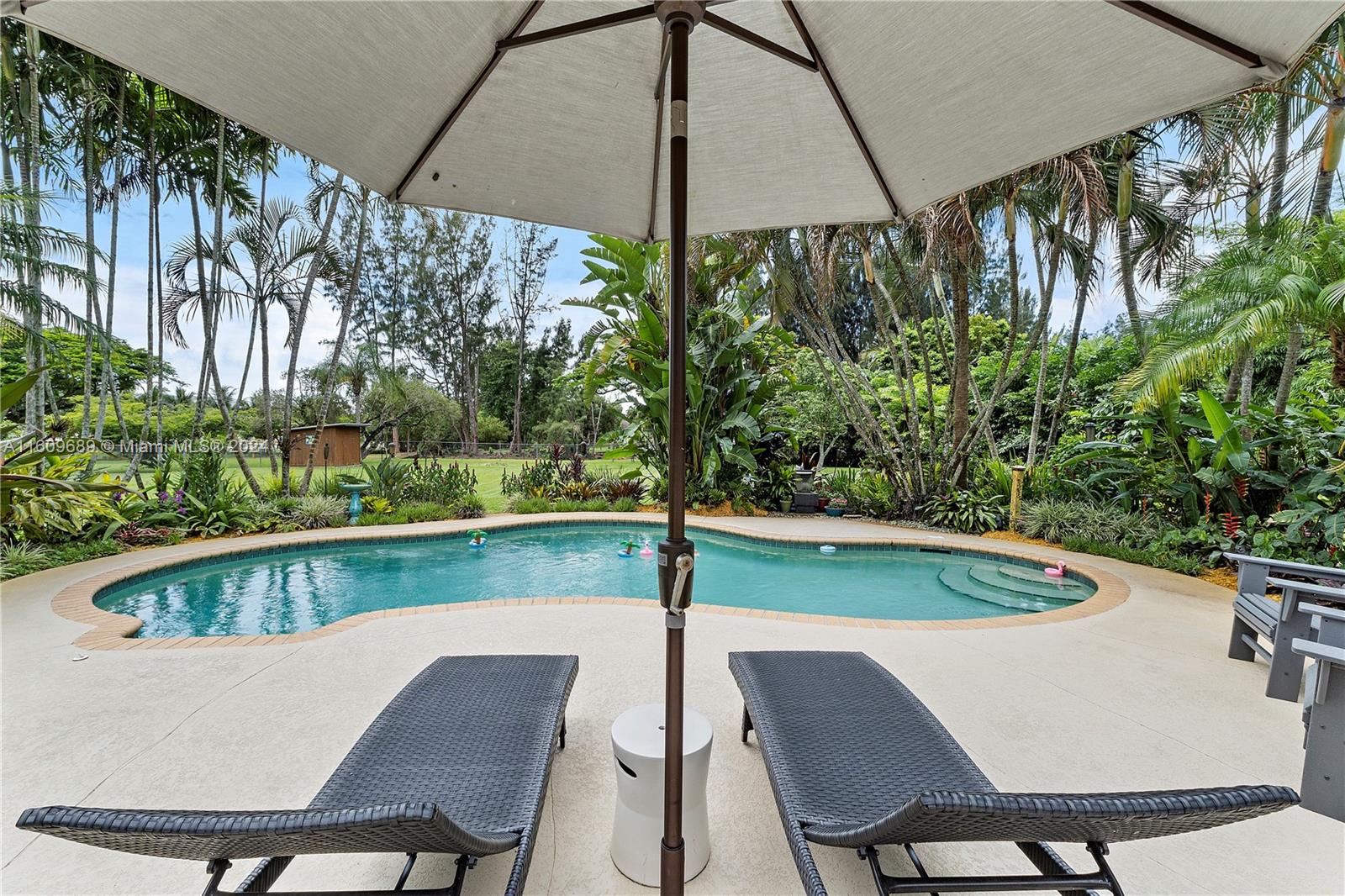 5511 Southwest 196th Lane Southwest Ranches, FL 33332 - Photo 49 of 94 a view of a swimming pool with a table and chairs under an umbrella