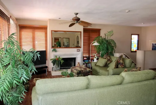 a living room with furniture a fireplace and a potted plant