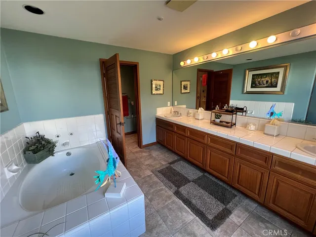 a bathroom with a double vanity sink and a large mirror