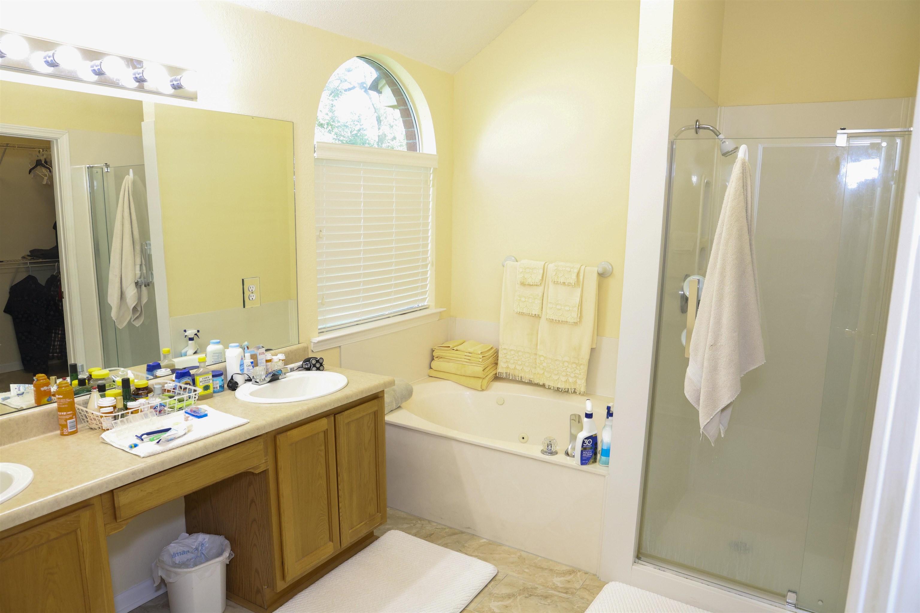 6626 Finch Road Memphis, TN 38141 - Photo 13 of 14 Bathroom featuring a double vanity with wood-finish cabinetry, a drop-in tub, a separate shower enclosure, and an arched window with blinds