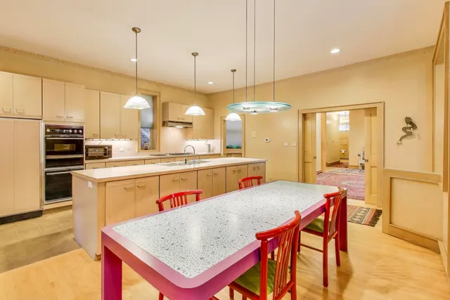 a view of a dining room with furniture