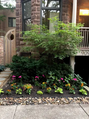 a front view of a house with a yard and flowers