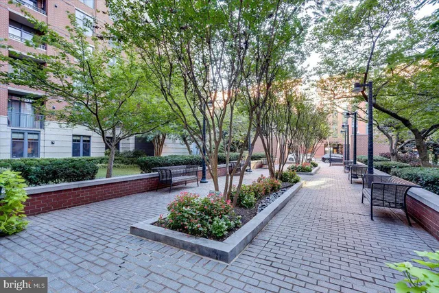 a view of a garden with sitting area