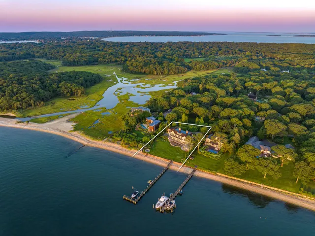 an aerial view of residential houses with outdoor space and river