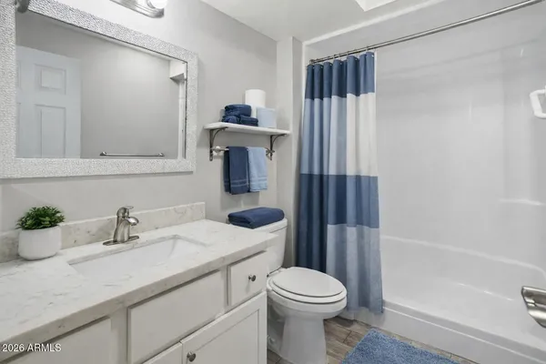 a bathroom with a sink a toilet and shower