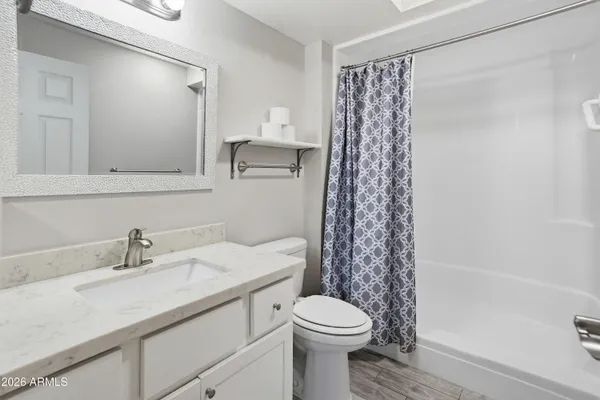 a bathroom with a sink a toilet and shower