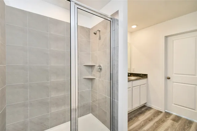 a bathroom with a shower and a sink