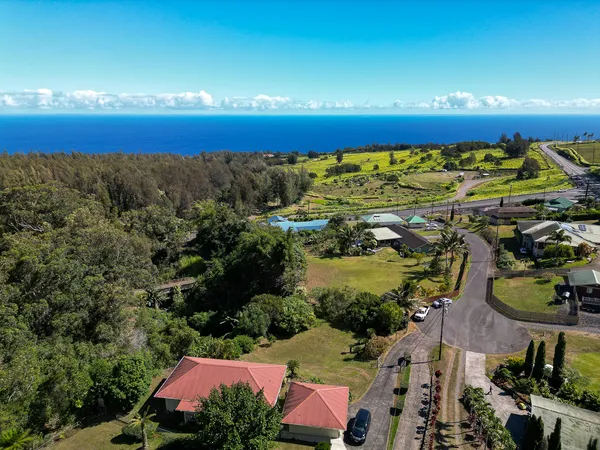 an aerial view of a houses with a garden
