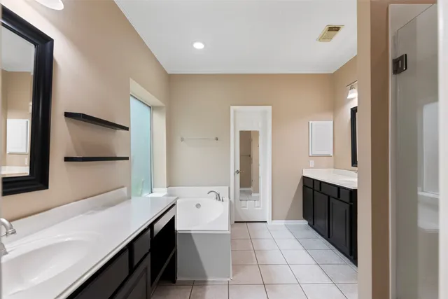 a bathroom with a tub sink shower and mirror