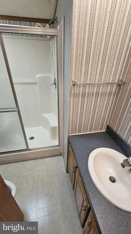 a bathroom with a sink a mirror and a shower