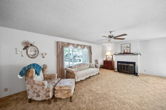 a living room with furniture a fireplace and a large window