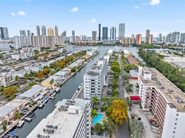 a city view with tall buildings