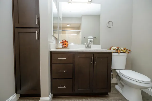 a bathroom with a sink a toilet and mirror