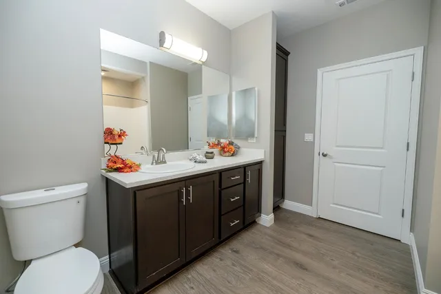 a bathroom with a sink vanity mirror and toilet