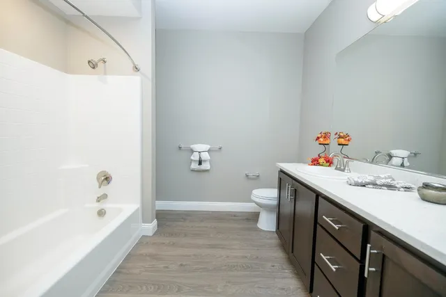 a bathroom with a sink a toilet and bathtub