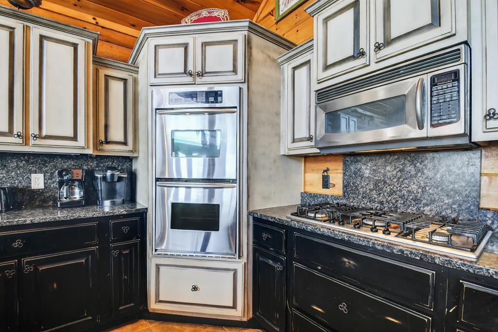 180 Cinnamon Bear Road Mineral Bluff, GA 30559 - Photo 33 of 76 a kitchen with stainless steel appliances granite countertop a stove and a microwave