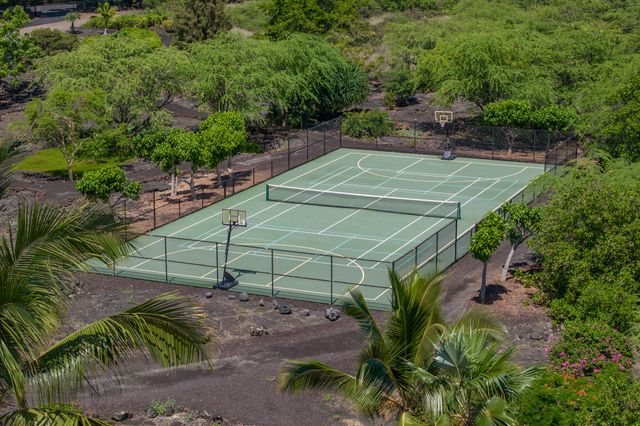 a view of a tennis ground with large trees