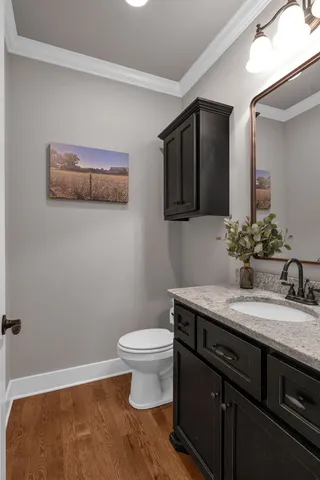 a bathroom with a granite countertop sink a toilet and mirror