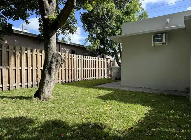 a view of a yard in front of a house with a large tree