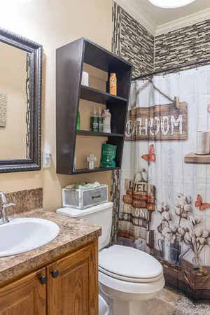 a bathroom with a granite countertop toilet sink and mirror