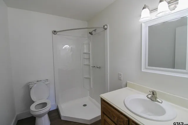 a bathroom with a sink toilet and shower