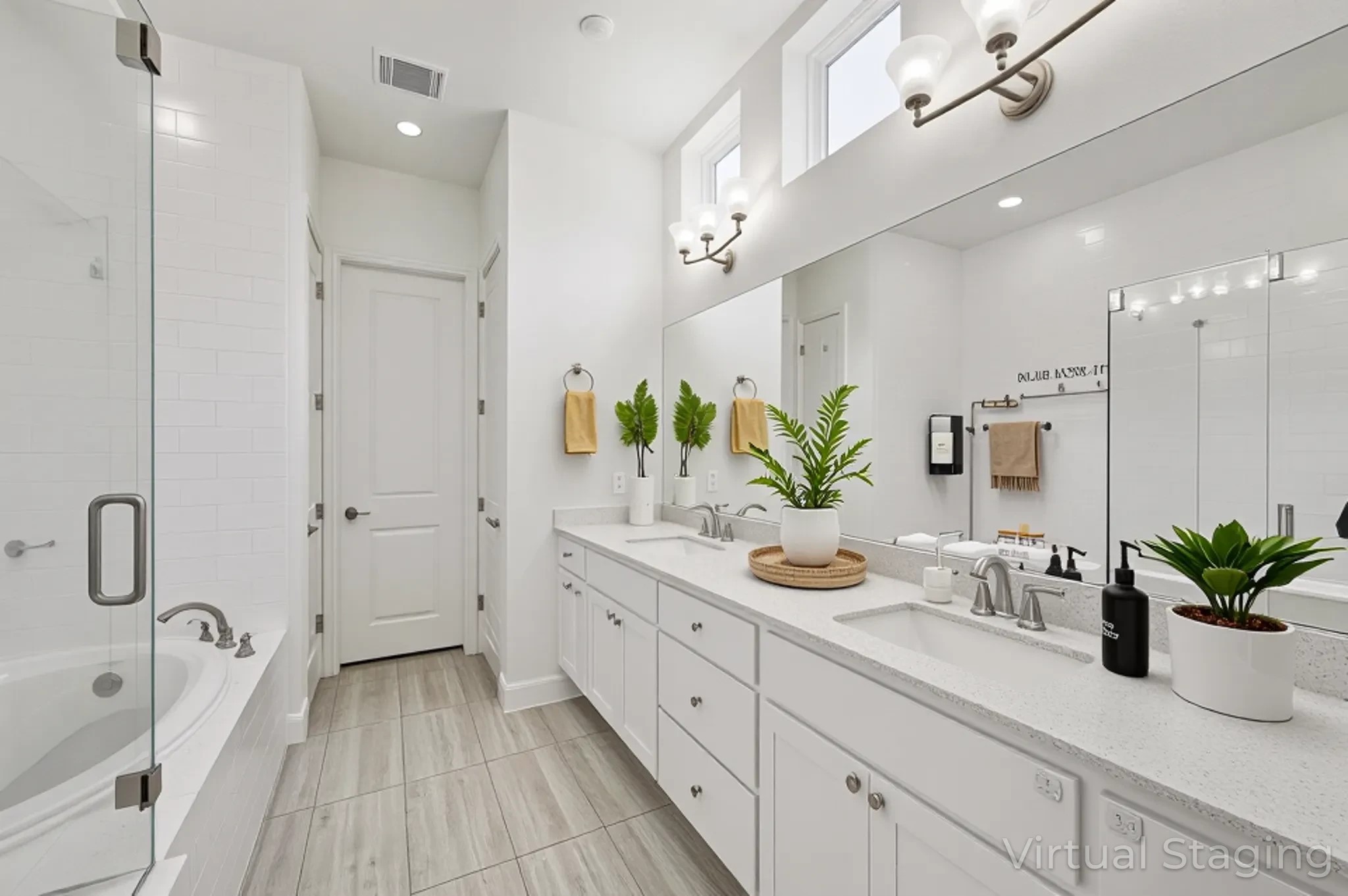 12308 Simmental Drive, Unit 94 Austin, TX 78732 - Photo 5 of 37 a bathroom with a tub a sink a potted plant and a large mirror