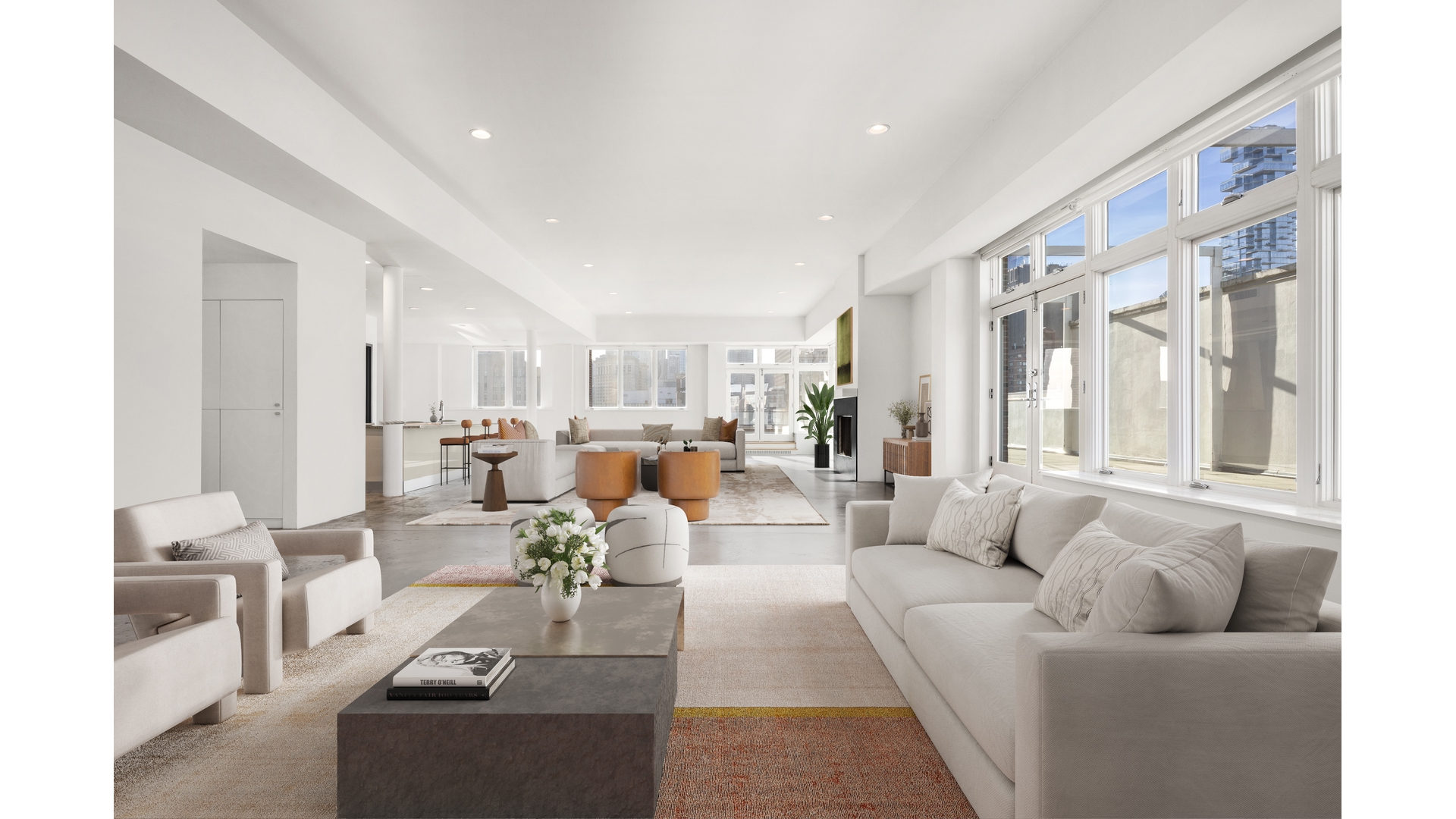 129 Lafayette Street, Unit PHA Manhattan, NY 10013 - Photo 2 of 26 a living room with furniture and a large window