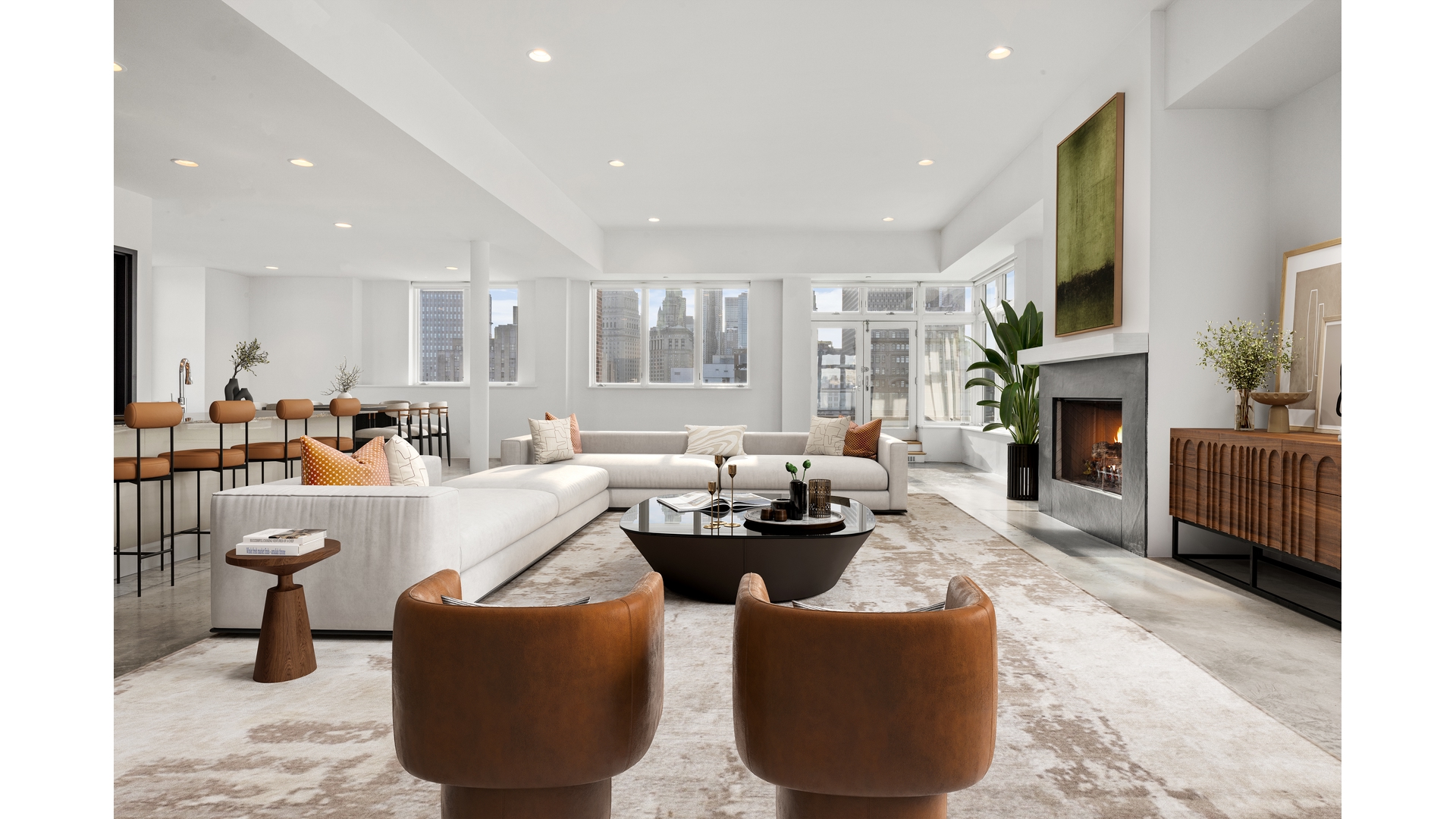 129 Lafayette Street, Unit PHA Manhattan, NY 10013 - Photo 4 of 26 a living room with furniture a fireplace and a flat screen tv