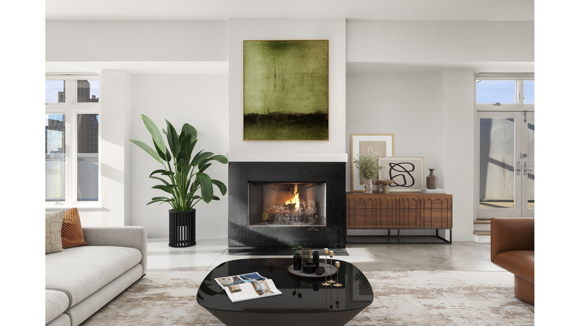 129 Lafayette Street, Unit PHA Manhattan, NY 10013 - Photo 6 of 26 a living room with furniture and a fireplace