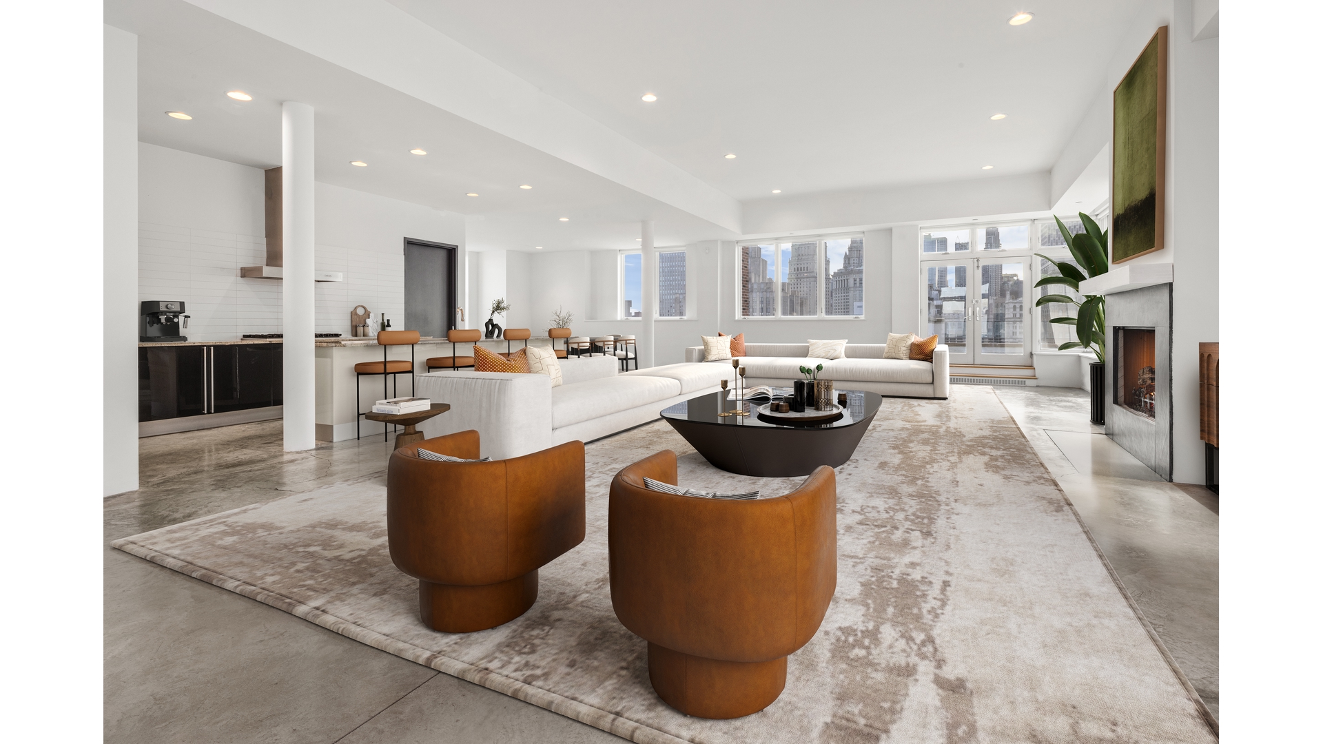 129 Lafayette Street, Unit PHA Manhattan, NY 10013 - Photo 7 of 26 a living room with lots of furniture and a fireplace