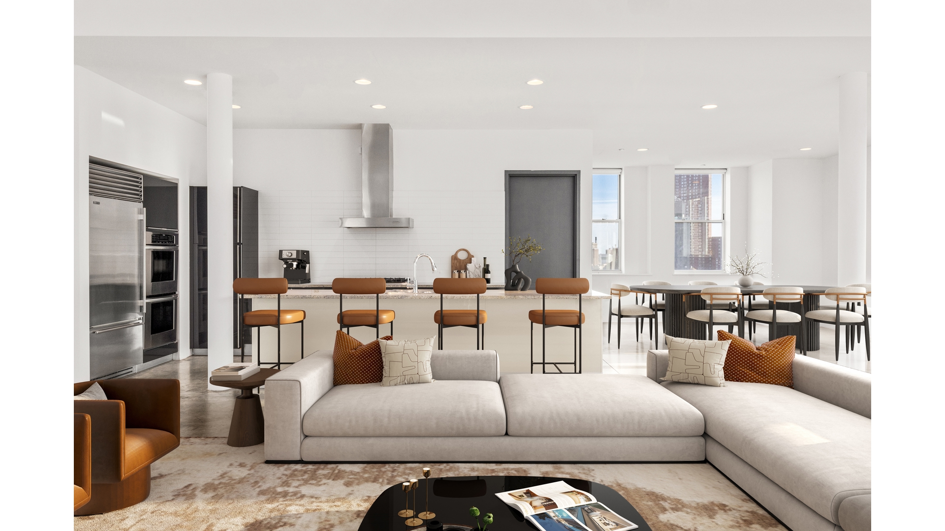 129 Lafayette Street, Unit PHA Manhattan, NY 10013 - Photo 8 of 26 a living room with furniture kitchen view and a refrigerator