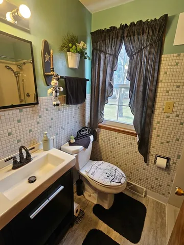 a bathroom with a sink a toilet and mirror