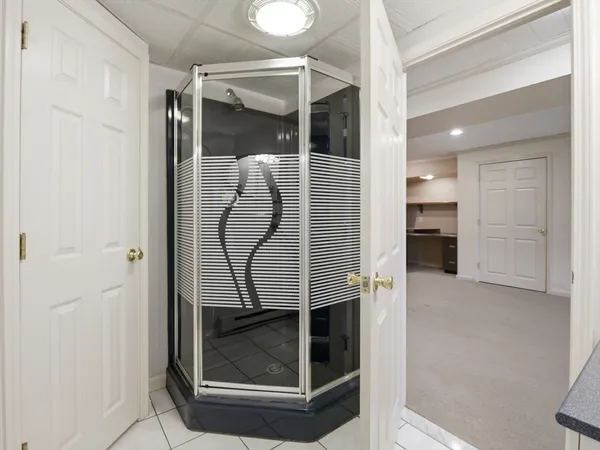 a bathroom with a shower and a sink
