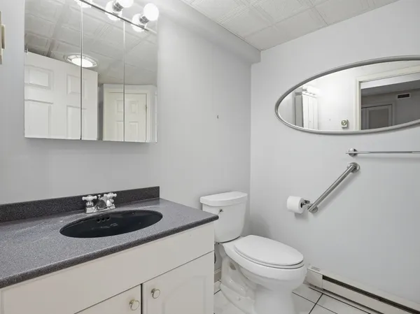 a bathroom with a sink a toilet and a mirror
