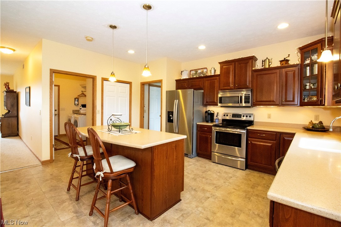 4281 Heyl Road Wooster, OH 44691 - Photo 6 of 32 Kitchen featuring hanging light fixtures, light countertops, light carpet, a kitchen island, dark brown cabinetry, and stainless steel appliances
