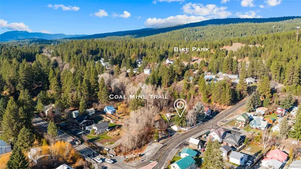 an aerial view of a house with a yard and a lake view