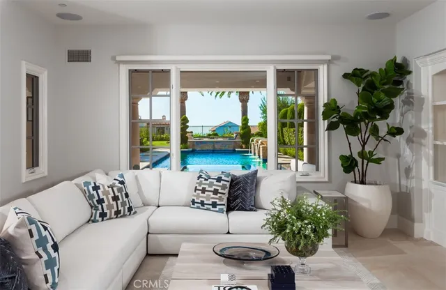a living room with furniture and a potted plant