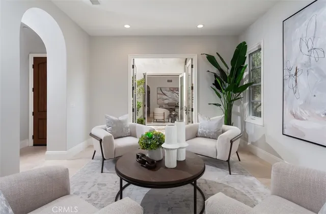 a living room with furniture potted plant and a mirror