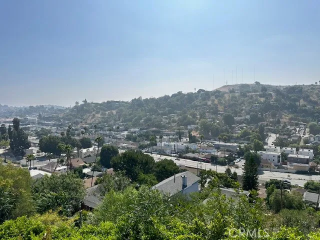 a view of a street with potted plants