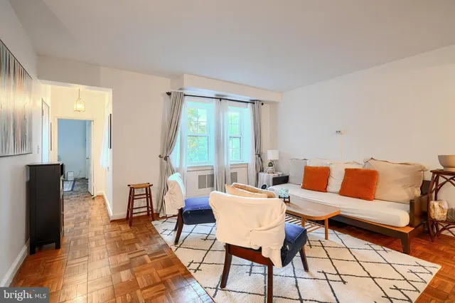 a living room with furniture and a rug