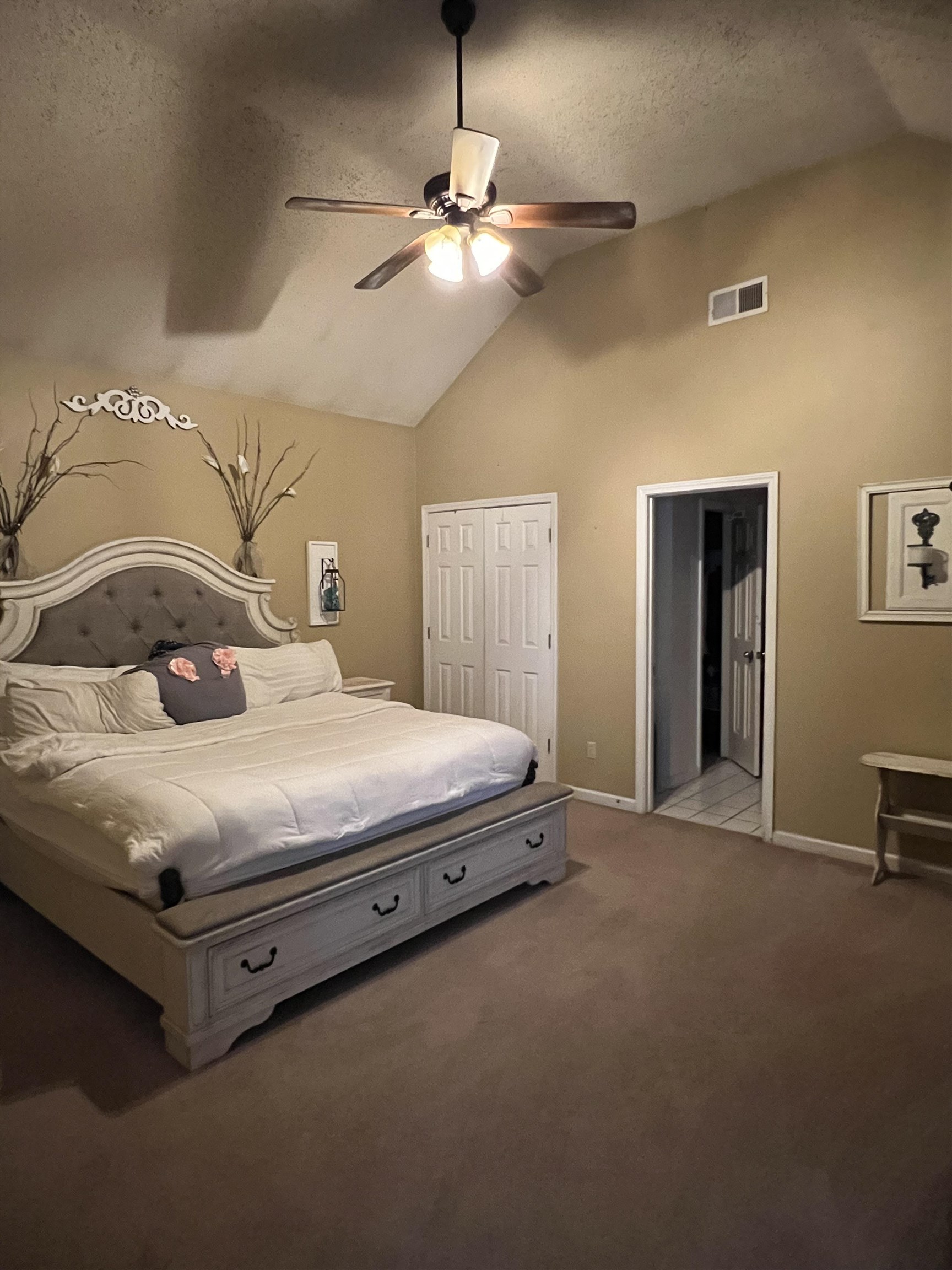 1990 Gainsville Road Mason, TN 38049 - Photo 5 of 13 Bedroom with vaulted ceiling, a textured ceiling, light carpet, ceiling fan, and a closet