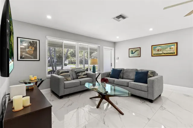 a view of a dining room with furniture